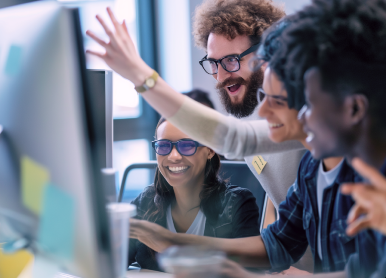 Team celebrating together around a desktop computer in the office