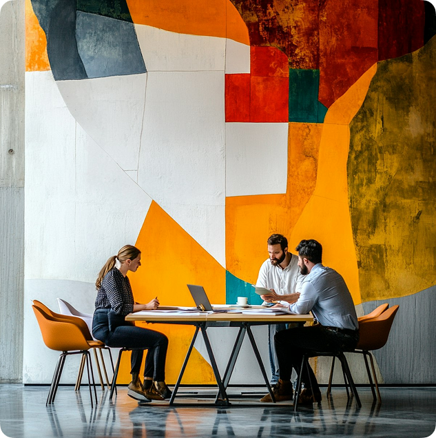 Colleagues collaborating at a table in front of a colorful abstract mural